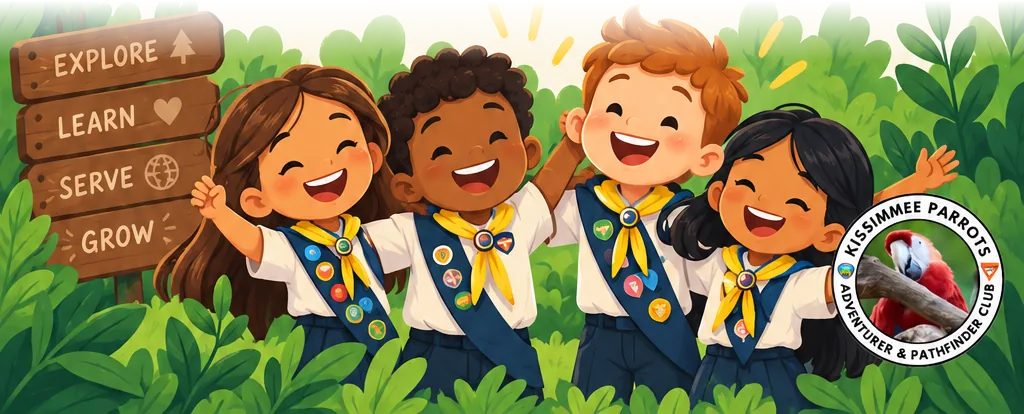 Four smiling Adventurers in uniform next to a sign that reads Explore, Learn, Serve, Grow